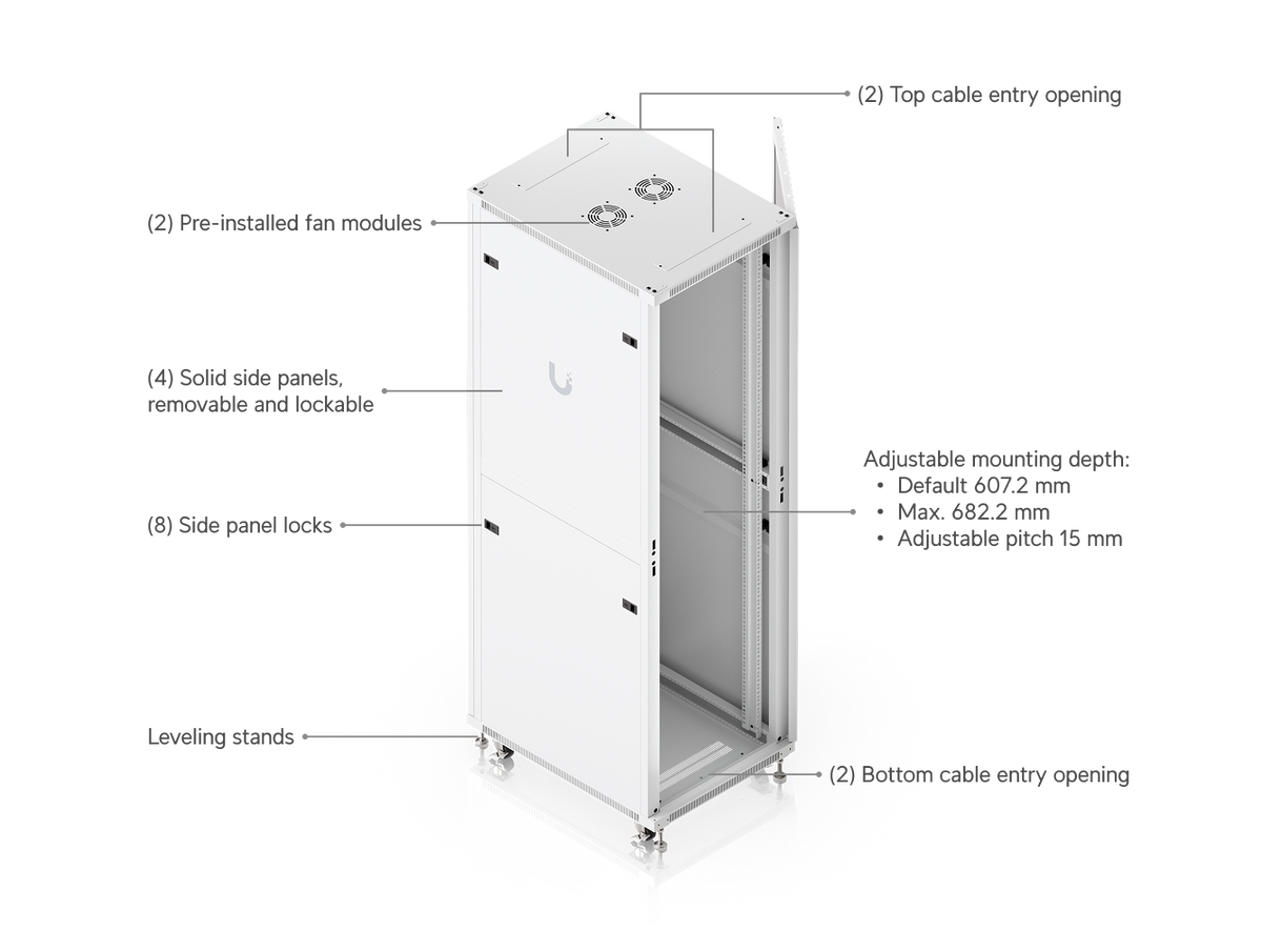 Ubiquiti UACC-Rack-42U-800-G UniFi 800mm 42U Rack Cabinet features showing fan modules, cable entry openings, removable lockable side panels, leveling stands and adjustable mounting depth