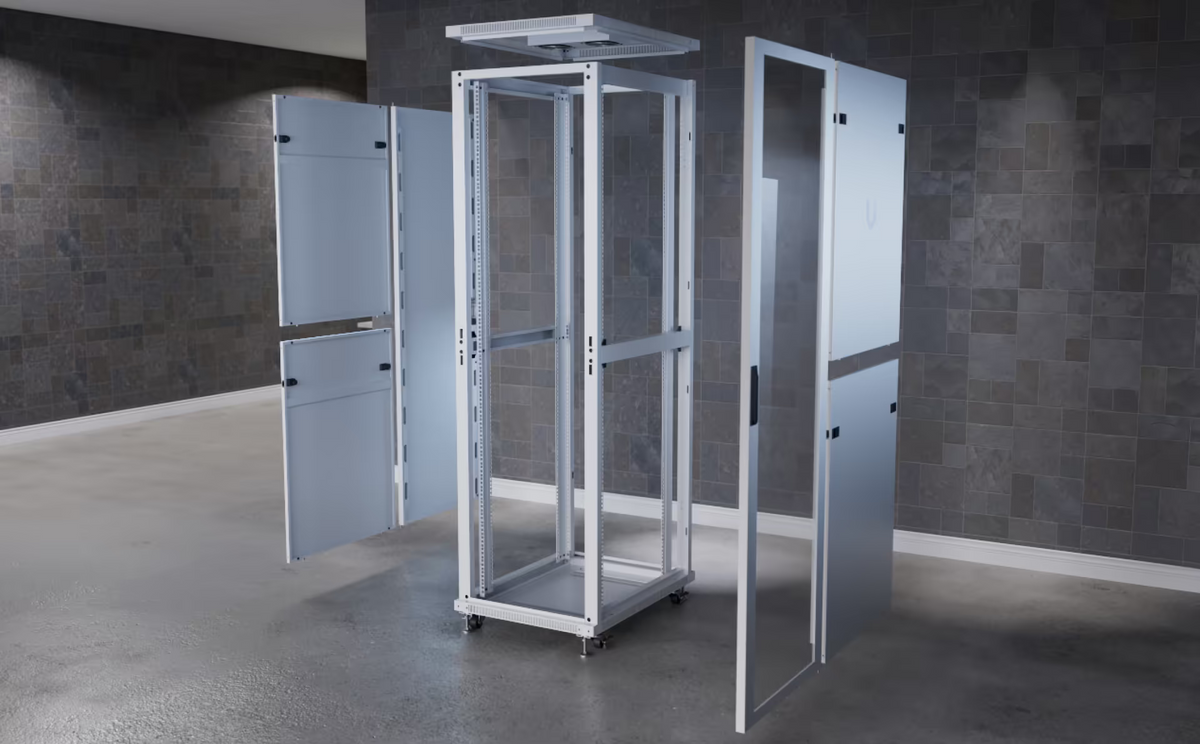 Ubiquiti UACC-Rack-42U-800-G UniFi 800mm 42U Rack Cabinet exploded view showing glass front door, removable side panels, frame, mounting rails and top panel