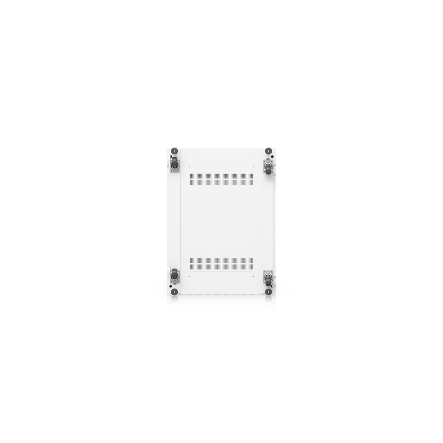 Bottom view of Ubiquiti UniFi 800mm 42U rack cabinet showing caster wheels and ventilation slots