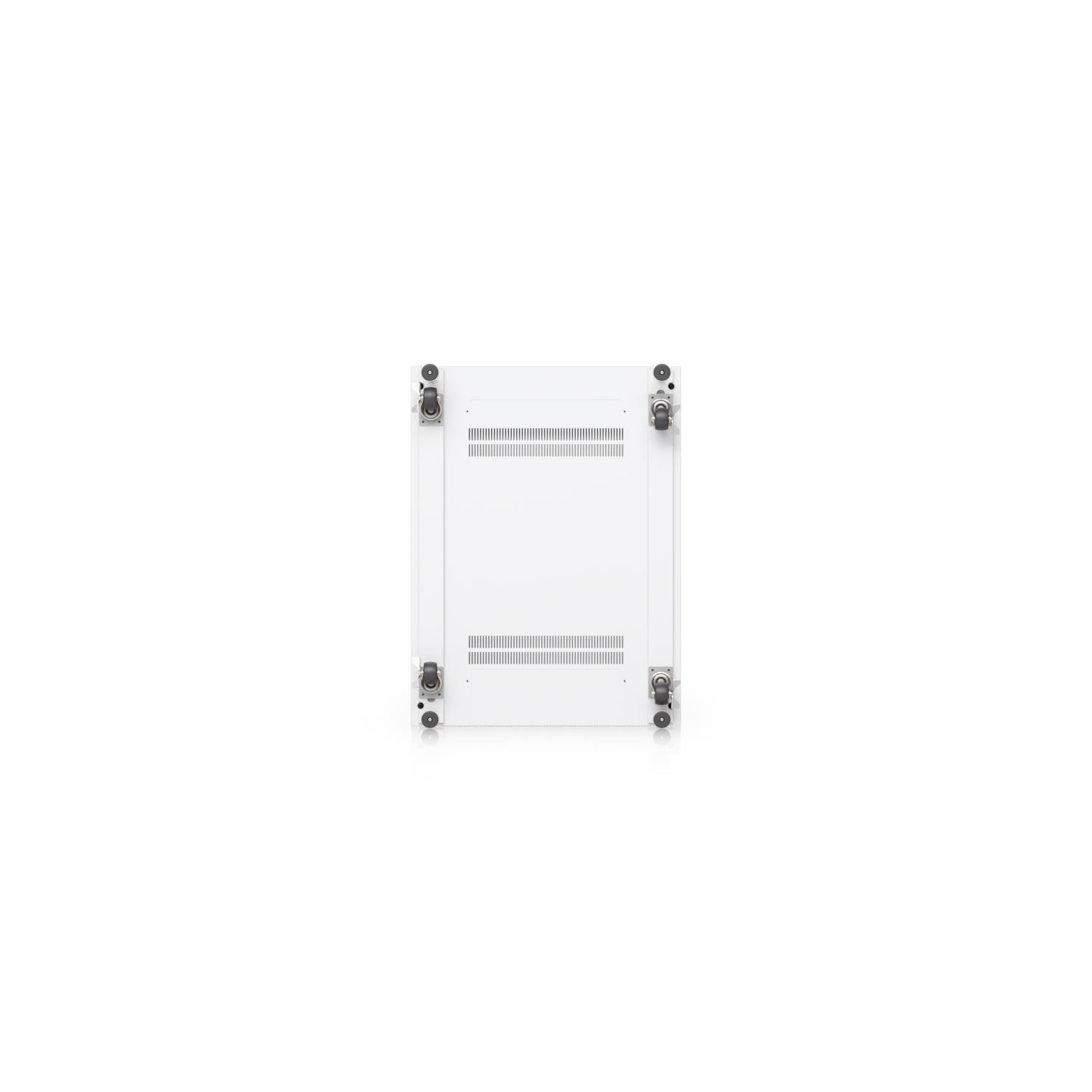 Bottom view of Ubiquiti UniFi 800mm 42U rack cabinet showing caster wheels and ventilation slots