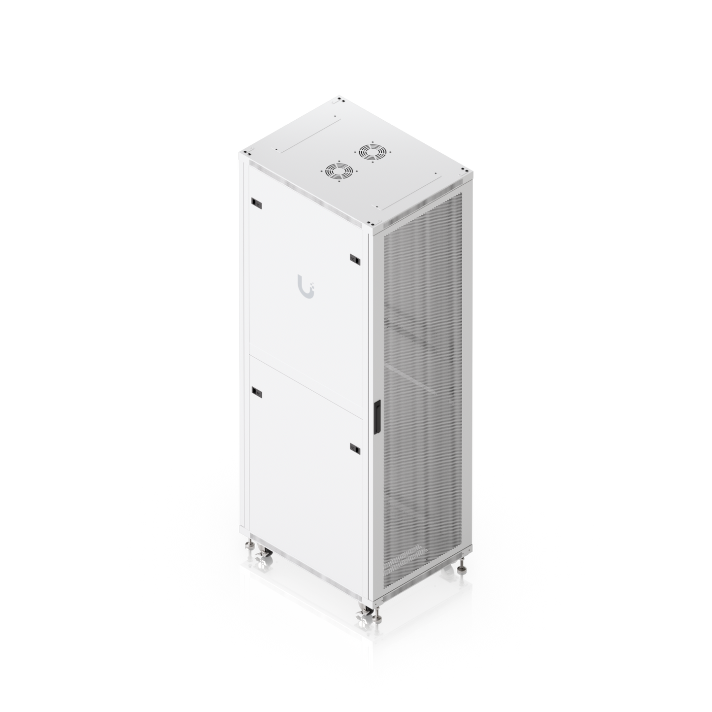 High-angle view of Ubiquiti UniFi 42U rack cabinet with perforated front door, side panels and top fan mounts