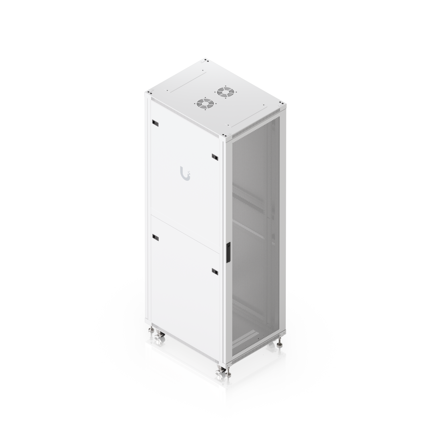 High-angle view of Ubiquiti UniFi 42U rack cabinet with perforated front door, side panels and top fan mounts