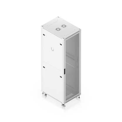 High-angle view of Ubiquiti UniFi 42U rack cabinet with perforated front door, side panels and top fan mounts