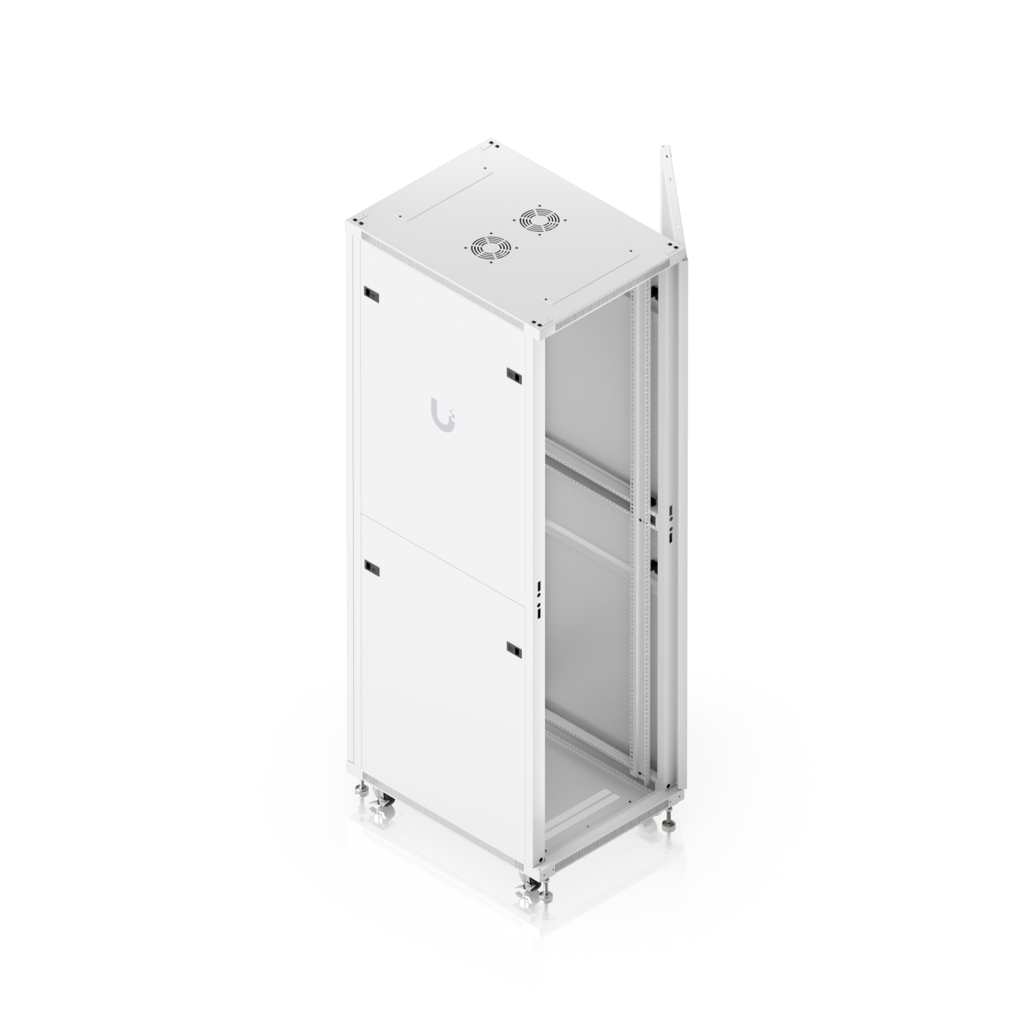 High-angle view inside Ubiquiti UniFi 800mm 42U rack cabinet with open perforated door and mounting rails