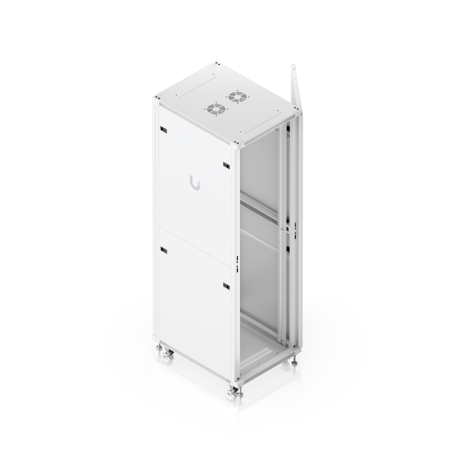 High-angle view inside Ubiquiti UniFi 800mm 42U rack cabinet with open perforated door and mounting rails