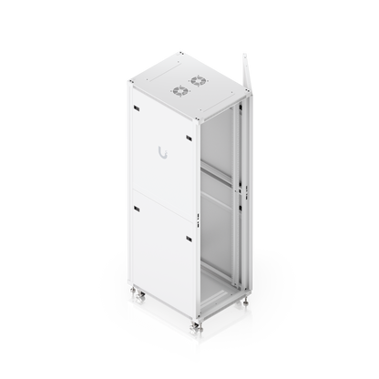 High-angle view inside Ubiquiti UniFi 800mm 42U rack cabinet with open perforated door and mounting rails