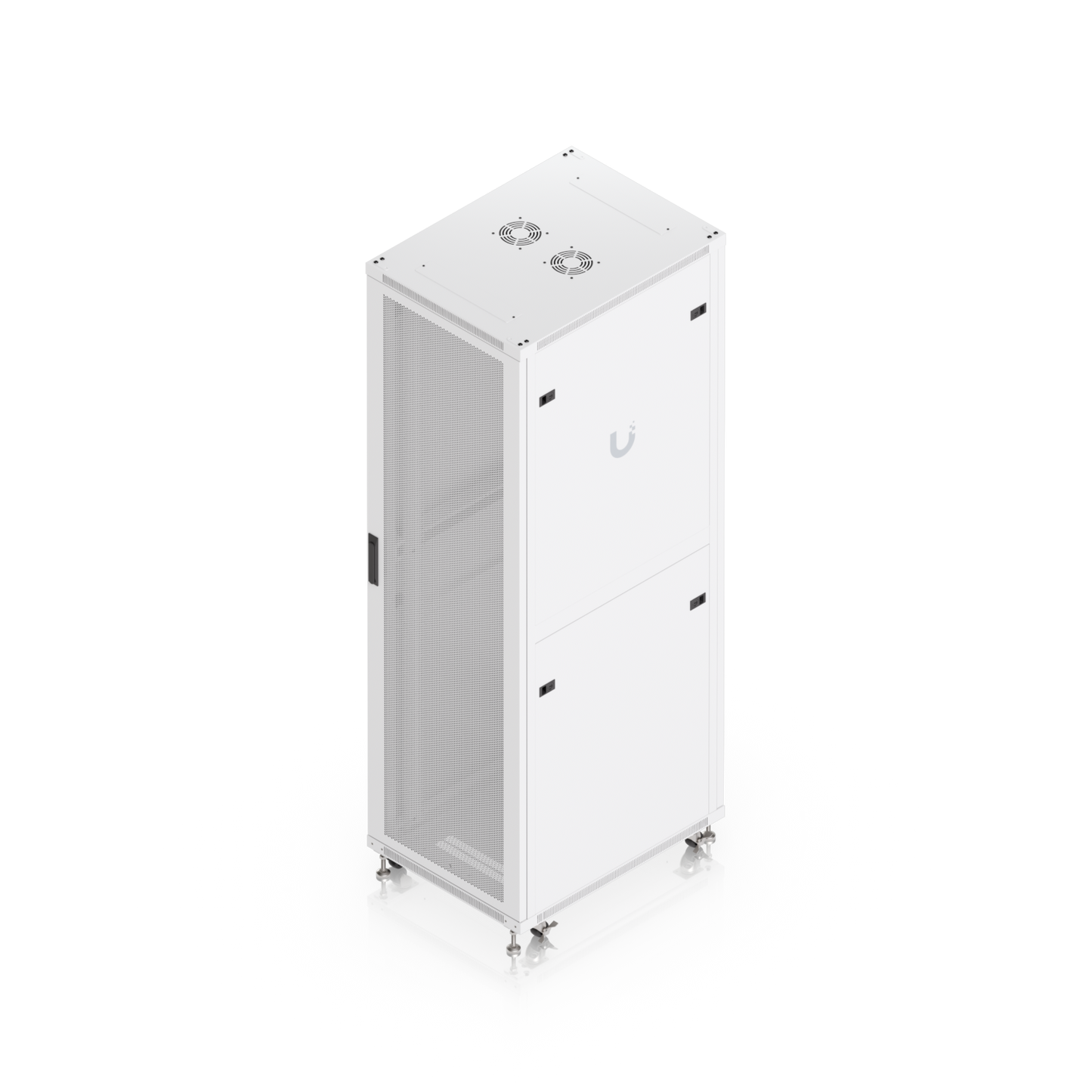 High-angle three-quarter view of Ubiquiti UACC-Rack-42U-800-P with perforated door and removable side panels