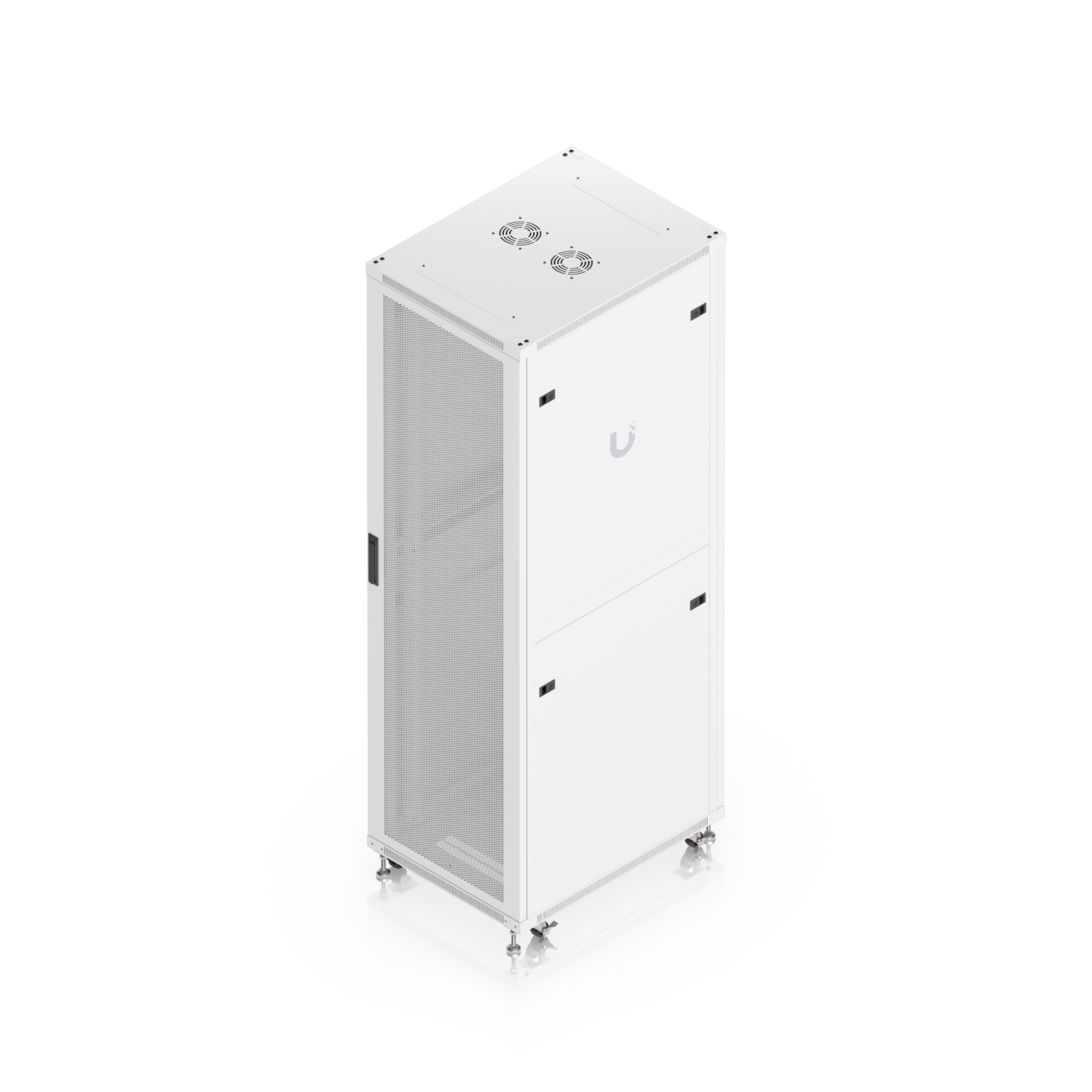 High-angle three-quarter view of Ubiquiti UACC-Rack-42U-800-P with perforated door and removable side panels