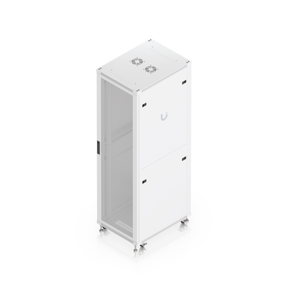 High-angle three-quarter view of Ubiquiti UACC-Rack-42U-800-P with perforated door and removable side panels