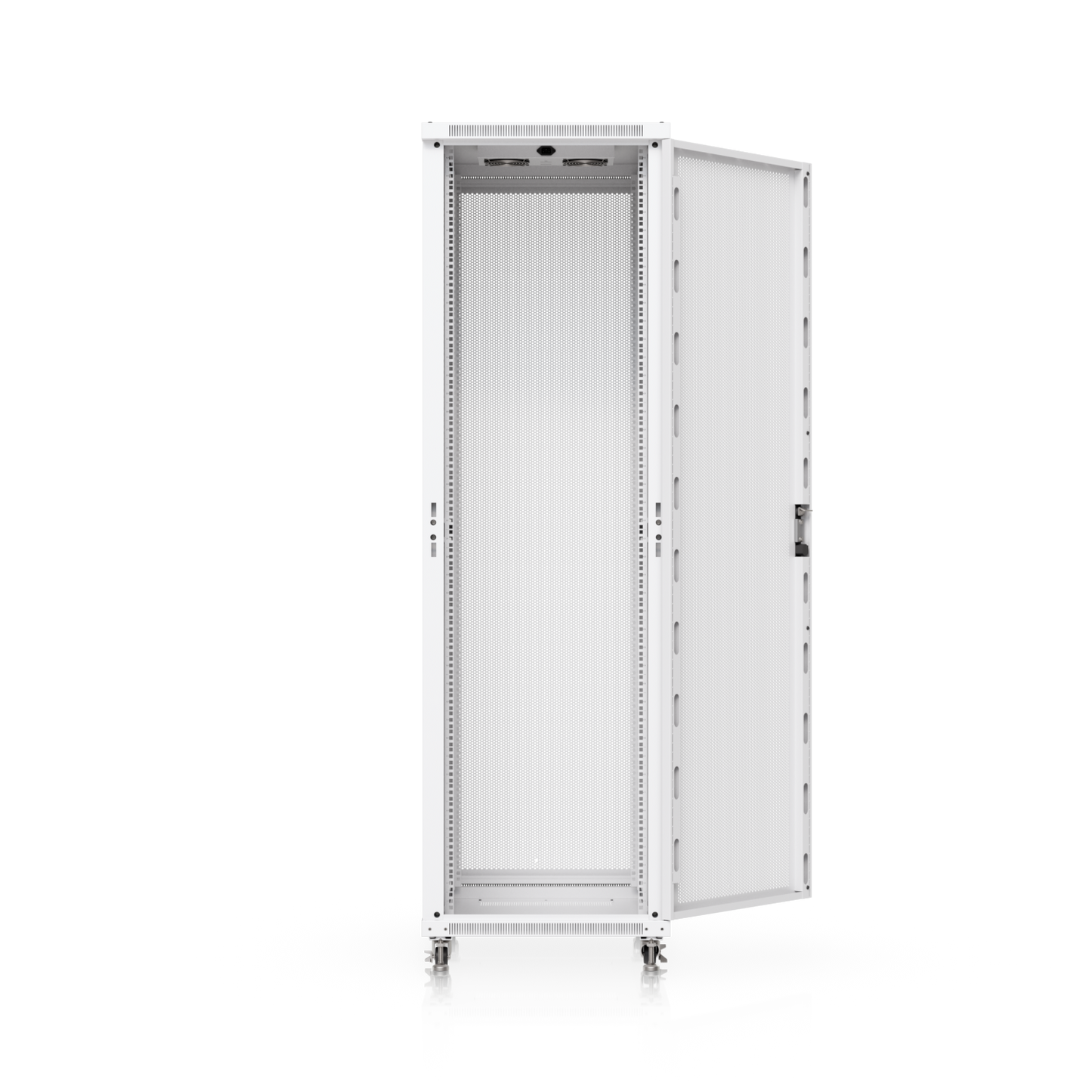 Ubiquiti UACC-Rack-42U-800-P cabinet with perforated front door open, showing internal rack rails