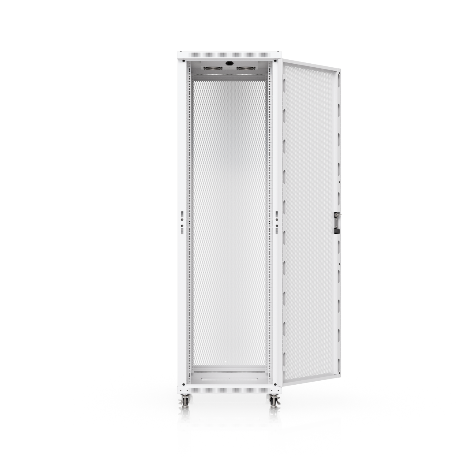 Ubiquiti UACC-Rack-42U-800-P cabinet with perforated front door open, showing internal rack rails
