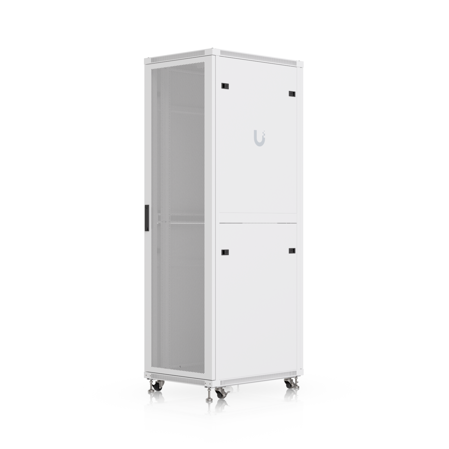 Ubiquiti UniFi 800mm 42U rack cabinet in front three-quarter view with perforated door and solid side panel