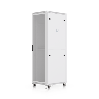 Ubiquiti UniFi 800mm 42U rack cabinet in front three-quarter view with perforated door and solid side panel