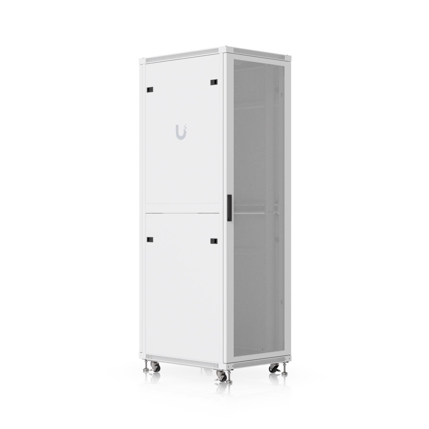 Ubiquiti UACC-Rack-42U-800-P in rear three-quarter view with solid side panels and perforated front door