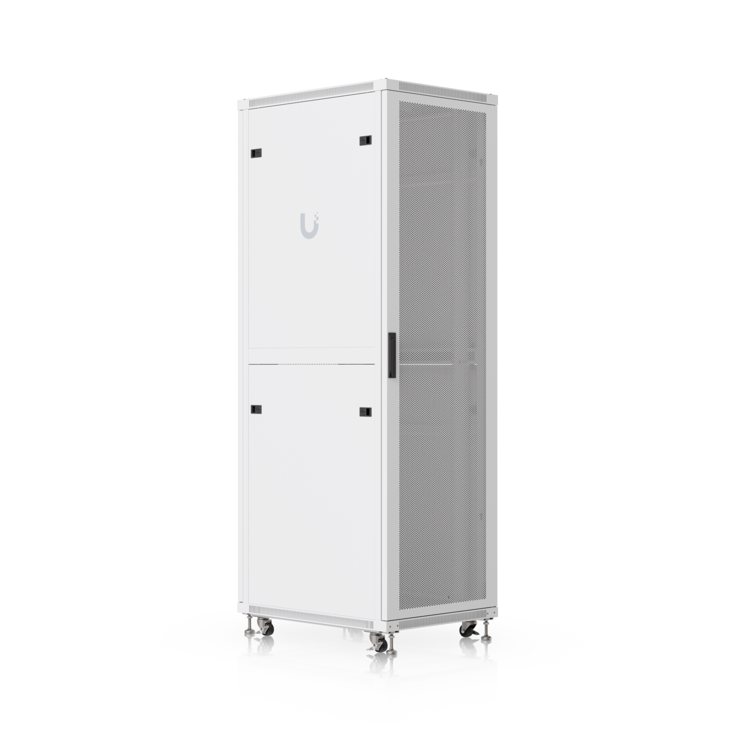 Ubiquiti UACC-Rack-42U-800-P in rear three-quarter view with solid side panels and perforated front door