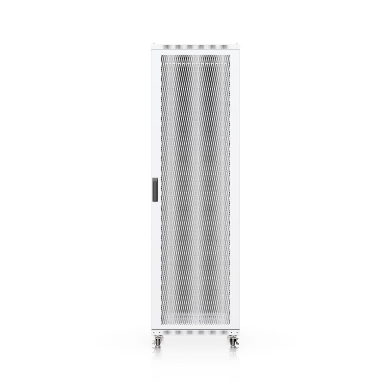 Straight-on view of Ubiquiti UniFi 42U rack cabinet with ventilated perforated front door and locking handle