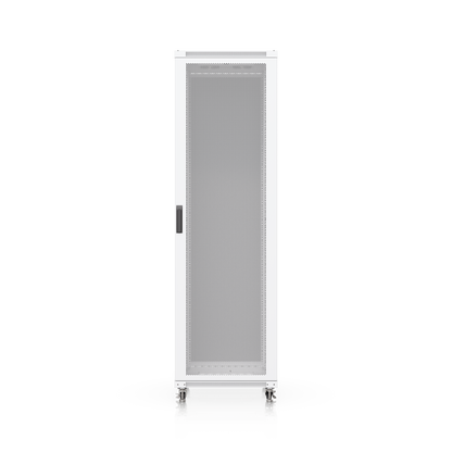 Straight-on view of Ubiquiti UniFi 42U rack cabinet with ventilated perforated front door and locking handle