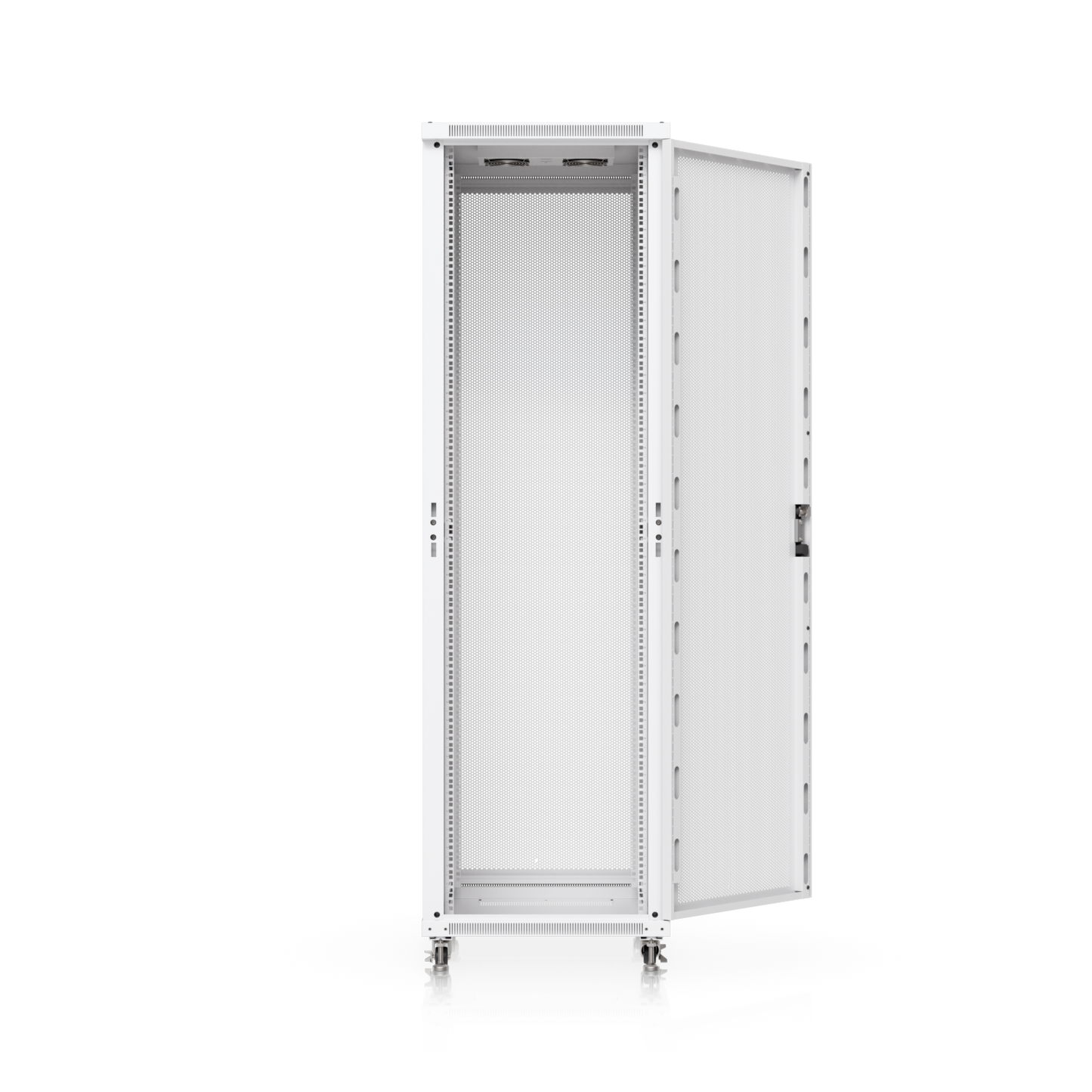 Open Ubiquiti UniFi 800mm 42U rack cabinet showing the perforated door, mounting rails and empty interior