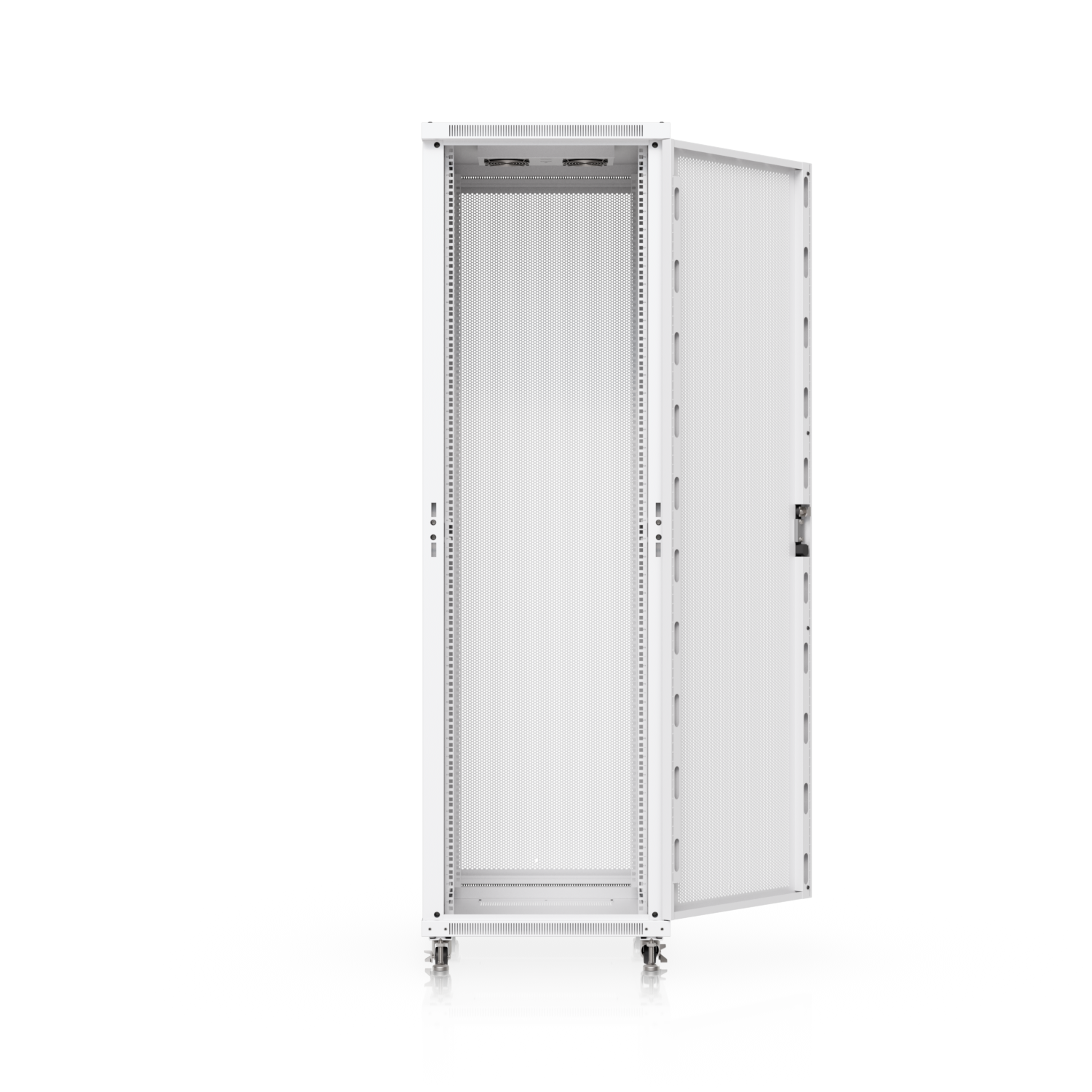Open Ubiquiti UniFi 800mm 42U rack cabinet showing the perforated door, mounting rails and empty interior
