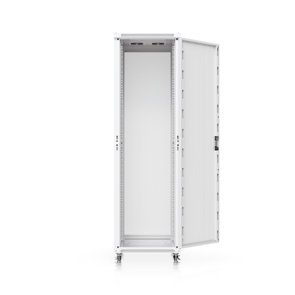 Open Ubiquiti UniFi 800mm 42U rack cabinet showing the perforated door, mounting rails and empty interior
