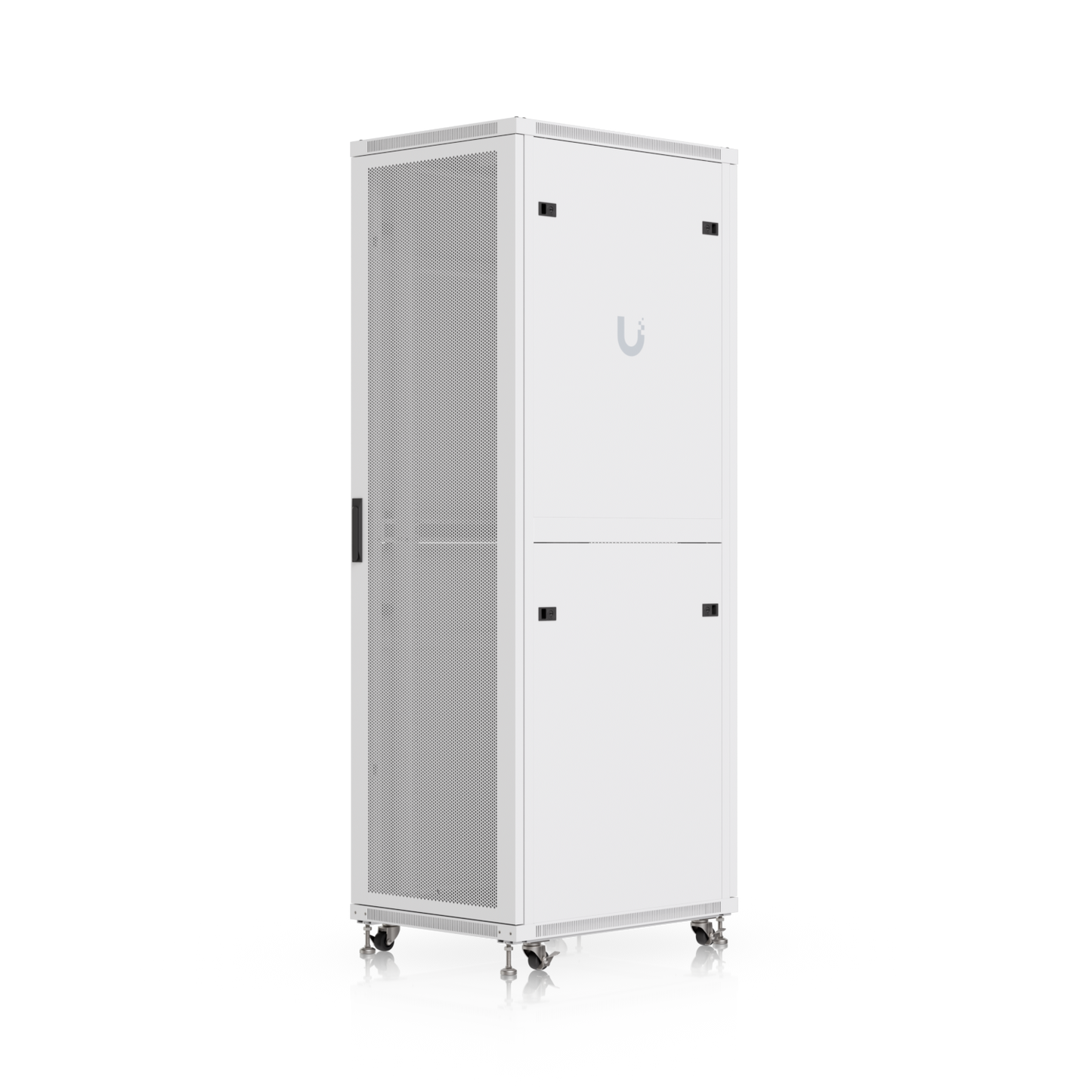 Ubiquiti UniFi 42U server rack cabinet in angled front view with perforated door, side panels and caster wheels