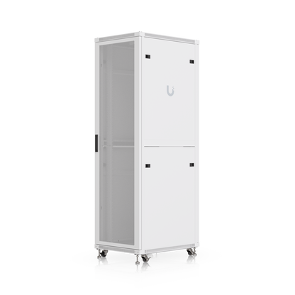 Ubiquiti UniFi 42U server rack cabinet in angled front view with perforated door, side panels and caster wheels
