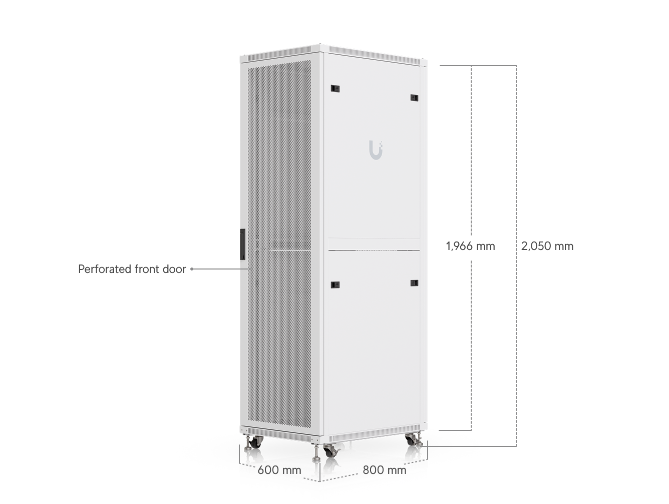 Ubiquiti UniFi 800mm 42U rack cabinet dimensions showing 600mm width, 800mm depth and 2,050mm overall height
