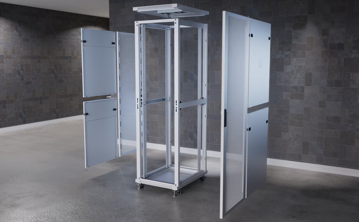 Exploded view of Ubiquiti UniFi 42U rack cabinet showing the frame, mounting rails, roof, doors and removable side panels
