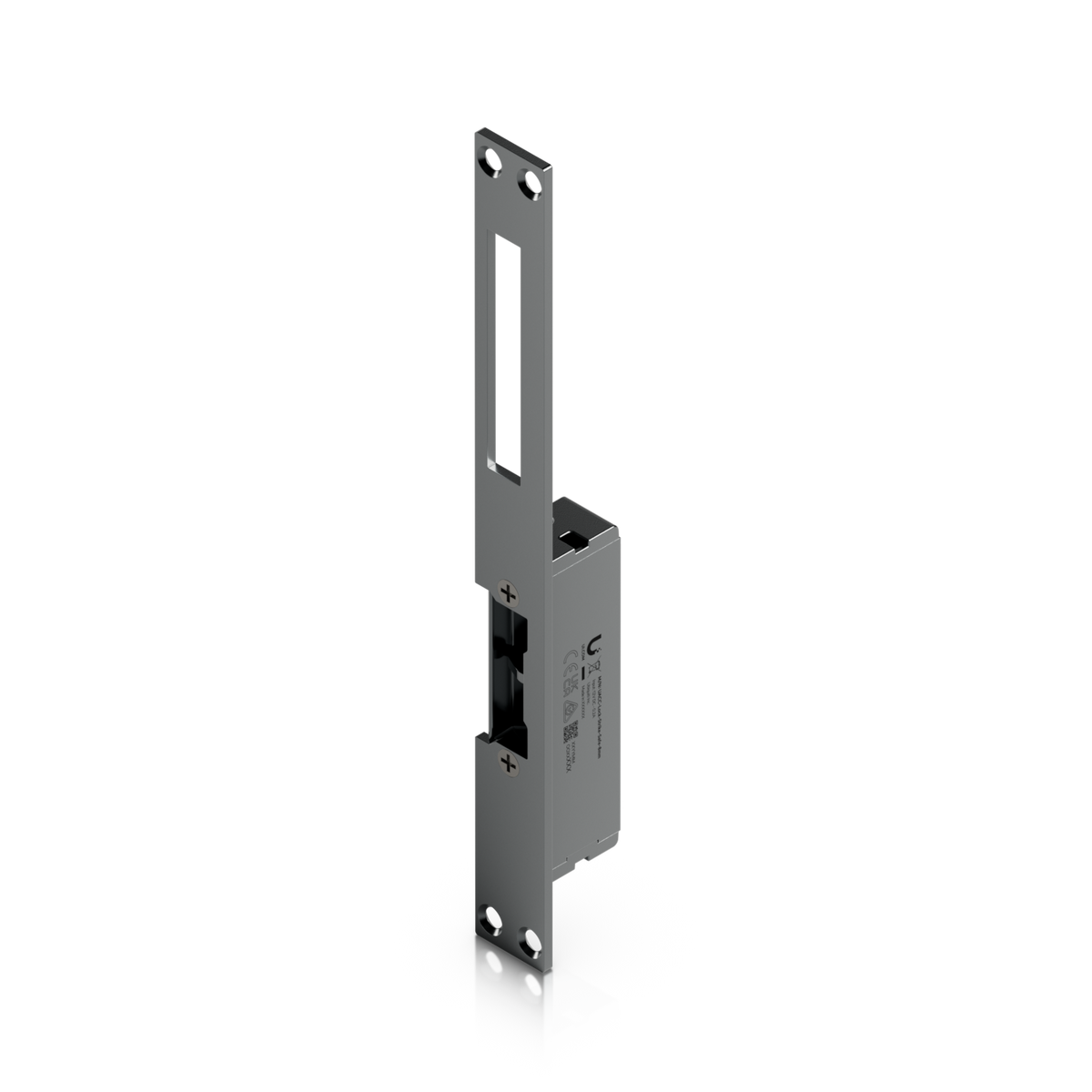 Ubiquiti UACC-Lock-Strike-Safe-8mm UniFi fail-safe strike lock, angled view with long faceplate and rectangular latch cut-out.