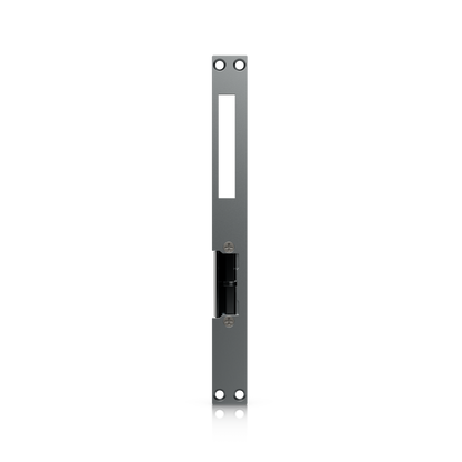 Ubiquiti UACC-Lock-Strike-Safe-8mm UniFi narrow strike lock, front view with long faceplate, latch cut-out and mounting holes.