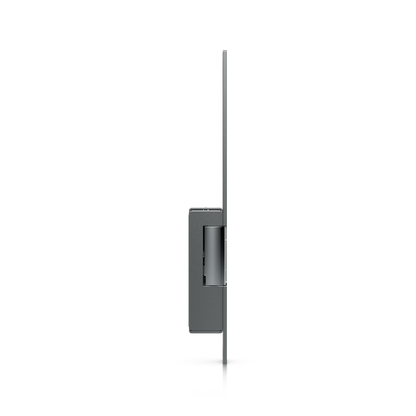 Ubiquiti UACC-Lock-Strike-Safe-8mm UniFi fail-safe strike lock, side profile with long narrow faceplate, housing and keeper.