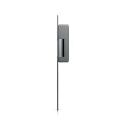 Ubiquiti UACC-Lock-Strike-Safe-8mm UniFi 8mm strike lock, opposite profile showing the long faceplate and compact rear housing.
