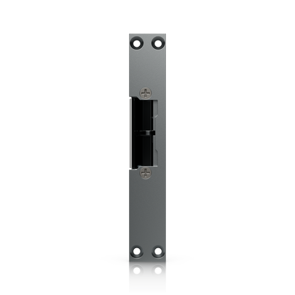 Ubiquiti UACC-Lock-Strike-Safe-8mm UniFi fail-safe strike lock, front view showing the keeper opening, adjustment screws and mounting holes.