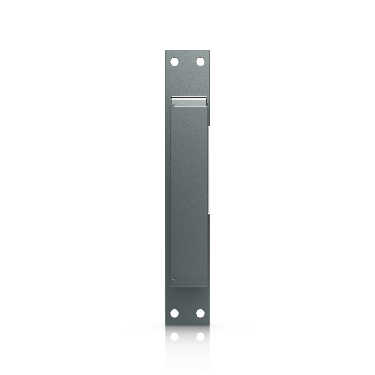 Ubiquiti UACC-Lock-Strike-Safe-8mm UniFi narrow strike lock, rear view showing the enclosed housing and faceplate mounting holes.