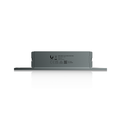 Ubiquiti UACC-Lock-Strike-Safe-8mm UniFi fail-safe strike lock, horizontal side view showing the labelled metal housing.