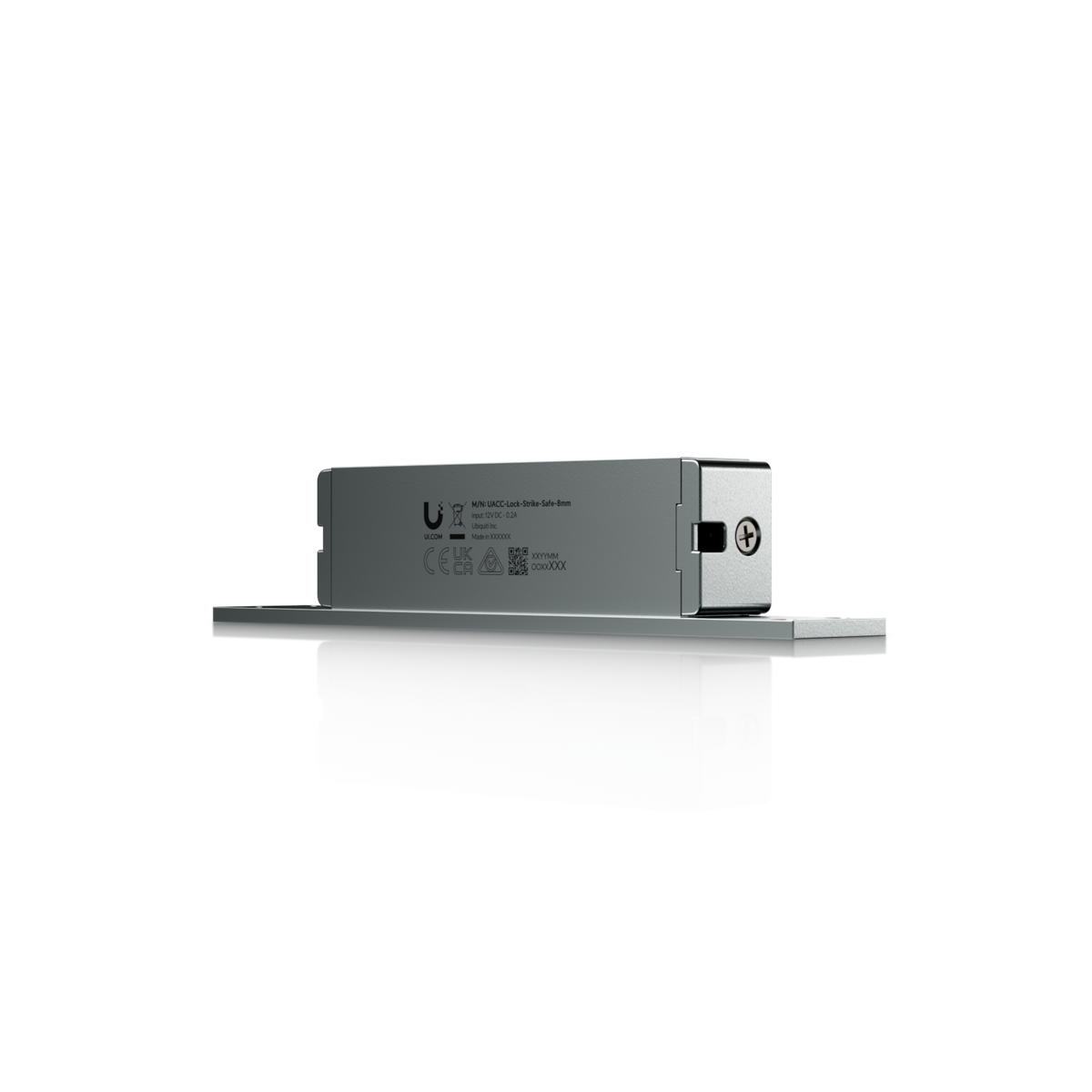 Ubiquiti UACC-Lock-Strike-Safe-8mm UniFi narrow strike lock, low angled side view with product label, side slot and adjustment screw.