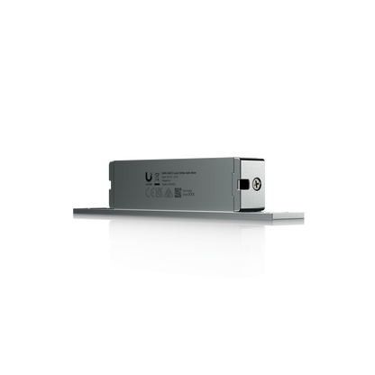 Ubiquiti UACC-Lock-Strike-Safe-8mm UniFi narrow strike lock, low angled side view with product label, side slot and adjustment screw.