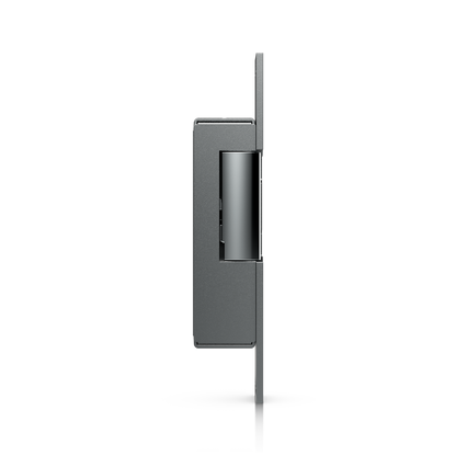 Ubiquiti UACC-Lock-Strike-Safe-8mm UniFi fail-safe strike lock, side profile with the slim faceplate, housing and keeper mechanism.