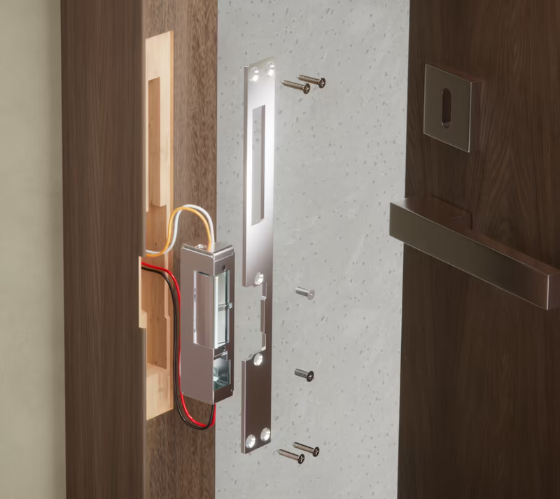 Ubiquiti UACC-Lock-Strike-Safe-8mm UniFi fail-safe strike lock exploded timber-frame installation showing wiring, long front plate and mounting hardware.