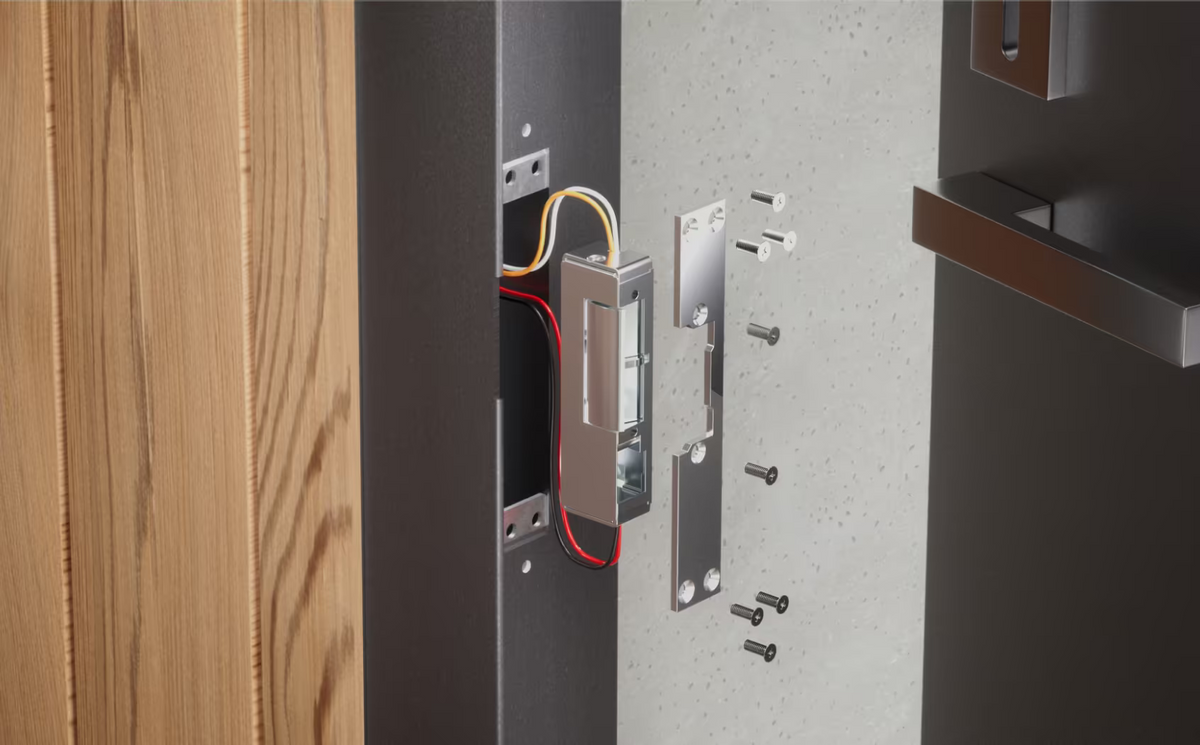 Ubiquiti UACC-Lock-Strike-Safe-8mm UniFi electric strike lock exploded metal-frame installation showing wiring, short front plate and mounting screws.