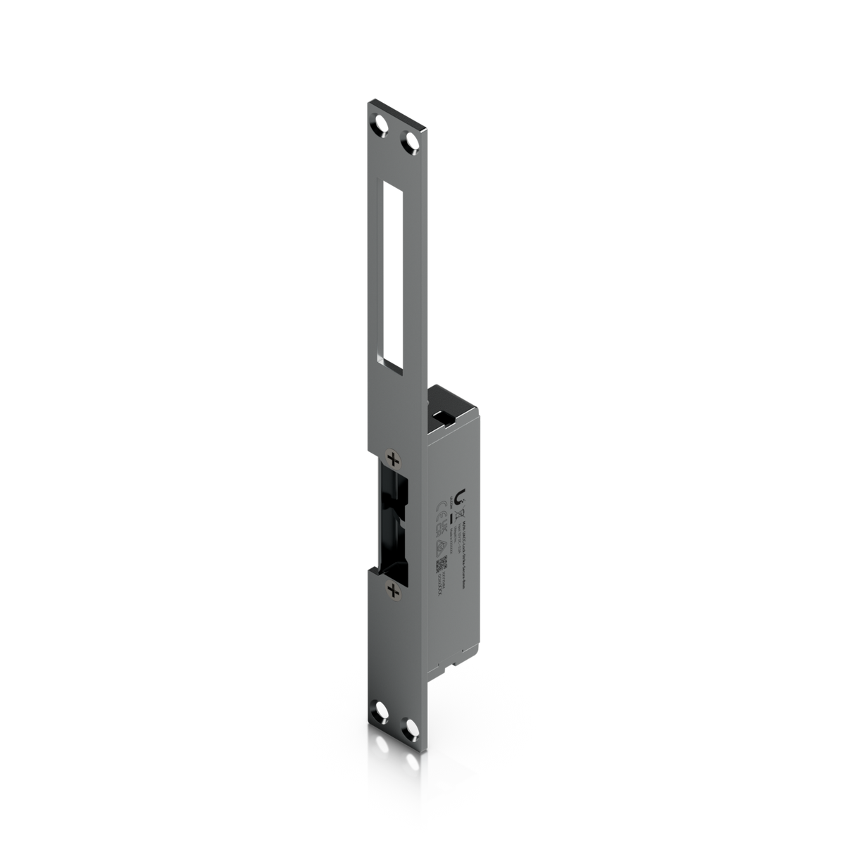 Ubiquiti UACC-Lock-Strike-Secure-8mm UniFi Narrow 8mm Fail-Secure Strike Lock three-quarter view with extended faceplate and elongated upper cut-out.