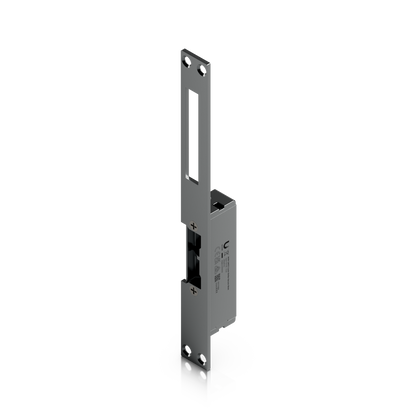 Ubiquiti UACC-Lock-Strike-Secure-8mm UniFi Narrow 8mm Fail-Secure Strike Lock three-quarter view with extended faceplate and elongated upper cut-out.