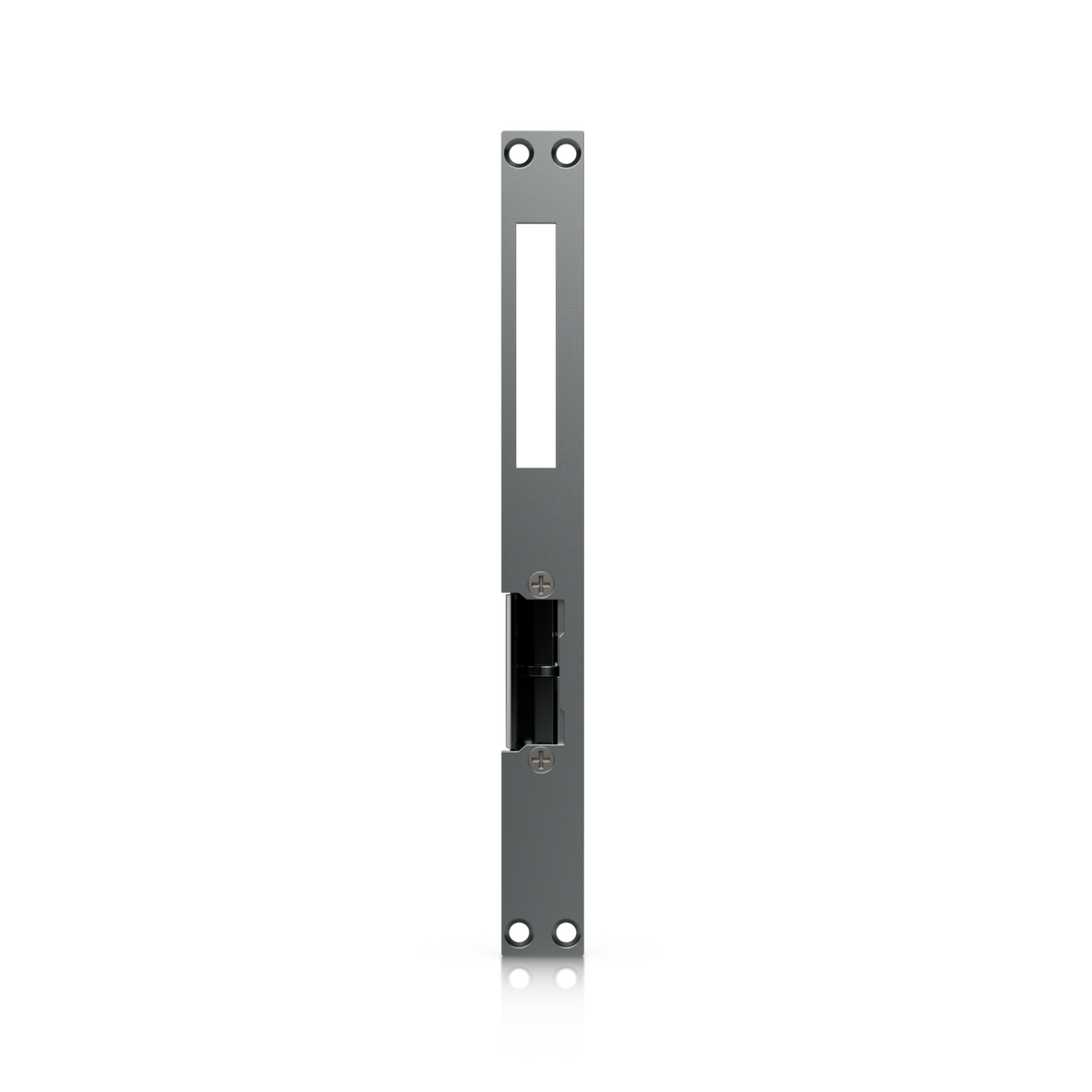 Ubiquiti UACC-Lock-Strike-Secure-8mm UniFi Narrow 8mm Fail-Secure Strike Lock front view with extended faceplate, upper cut-out and recessed latch mechanism.