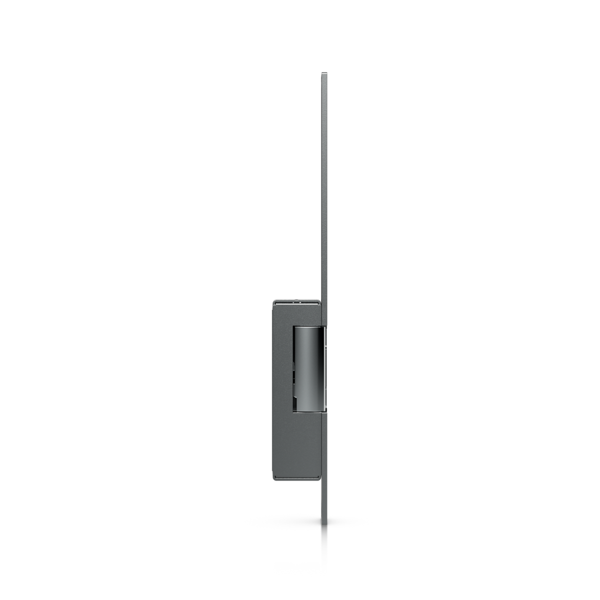 Ubiquiti UACC-Lock-Strike-Secure-8mm UniFi Narrow 8mm Fail-Secure Strike Lock side profile with extended faceplate and compact lock housing.