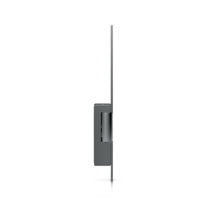 Ubiquiti UACC-Lock-Strike-Secure-8mm UniFi Narrow 8mm Fail-Secure Strike Lock side profile with extended faceplate and compact lock housing.