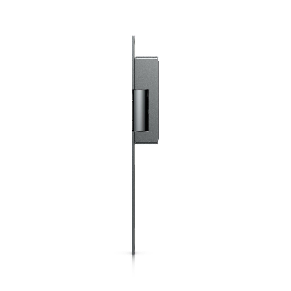 Ubiquiti UACC-Lock-Strike-Secure-8mm UniFi Narrow 8mm Fail-Secure Strike Lock edge-on profile highlighting the slim faceplate and housing depth.