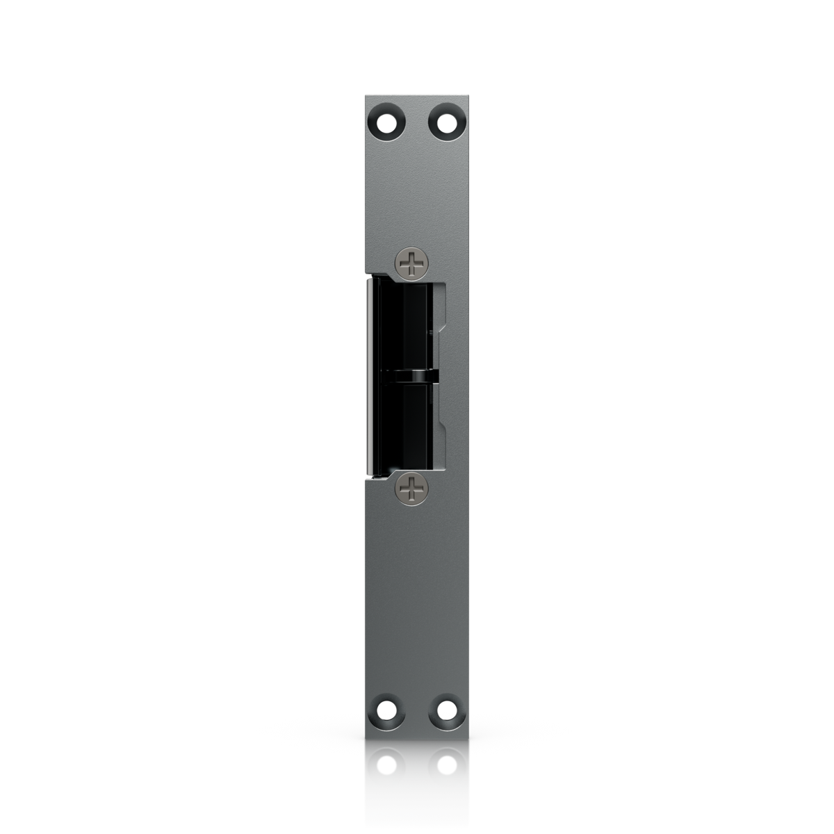 Ubiquiti UACC-Lock-Strike-Secure-8mm UniFi Narrow 8mm Fail-Secure Strike Lock front view showing the recessed latch and countersunk mounting holes.