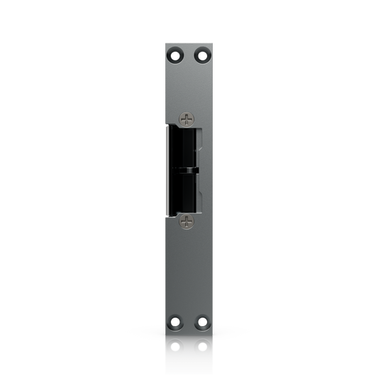 Ubiquiti UACC-Lock-Strike-Secure-8mm UniFi Narrow 8mm Fail-Secure Strike Lock front view showing the recessed latch and countersunk mounting holes.