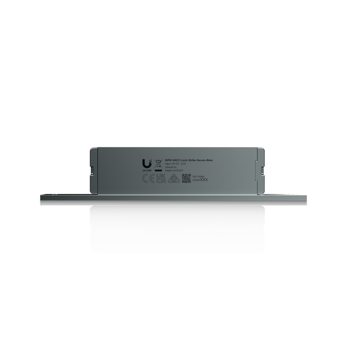 Ubiquiti UACC-Lock-Strike-Secure-8mm UniFi Narrow 8mm Fail-Secure Strike Lock horizontal side view with product markings and slim faceplate edge.