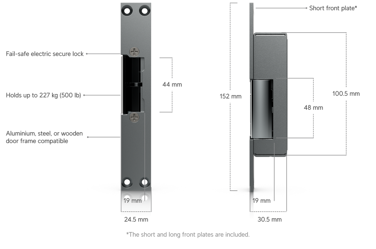 Ubiquiti UACC-Lock-Strike-Secure-8mm UniFi Narrow 8mm Fail-Secure Strike Lock specification diagram showing the short front plate, 227kg holding force, compatible door frame materials and dimensions.